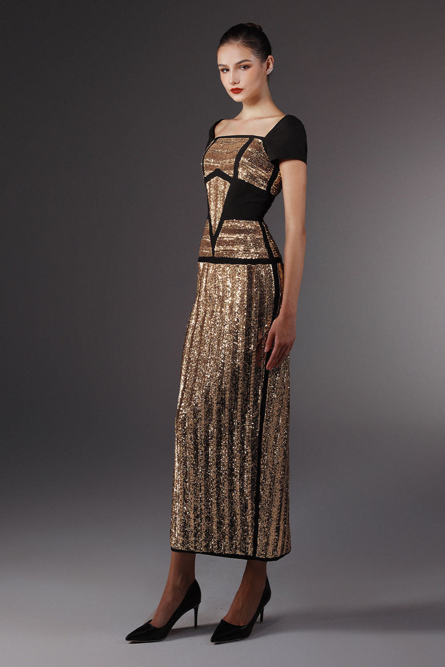 Sculpting Sheath Short Sleeved Sequin Ankle Length Dress 1