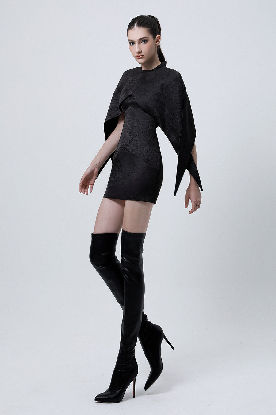 Caddie Hourglass Cape Shoulder Brocade Mini Dress 4