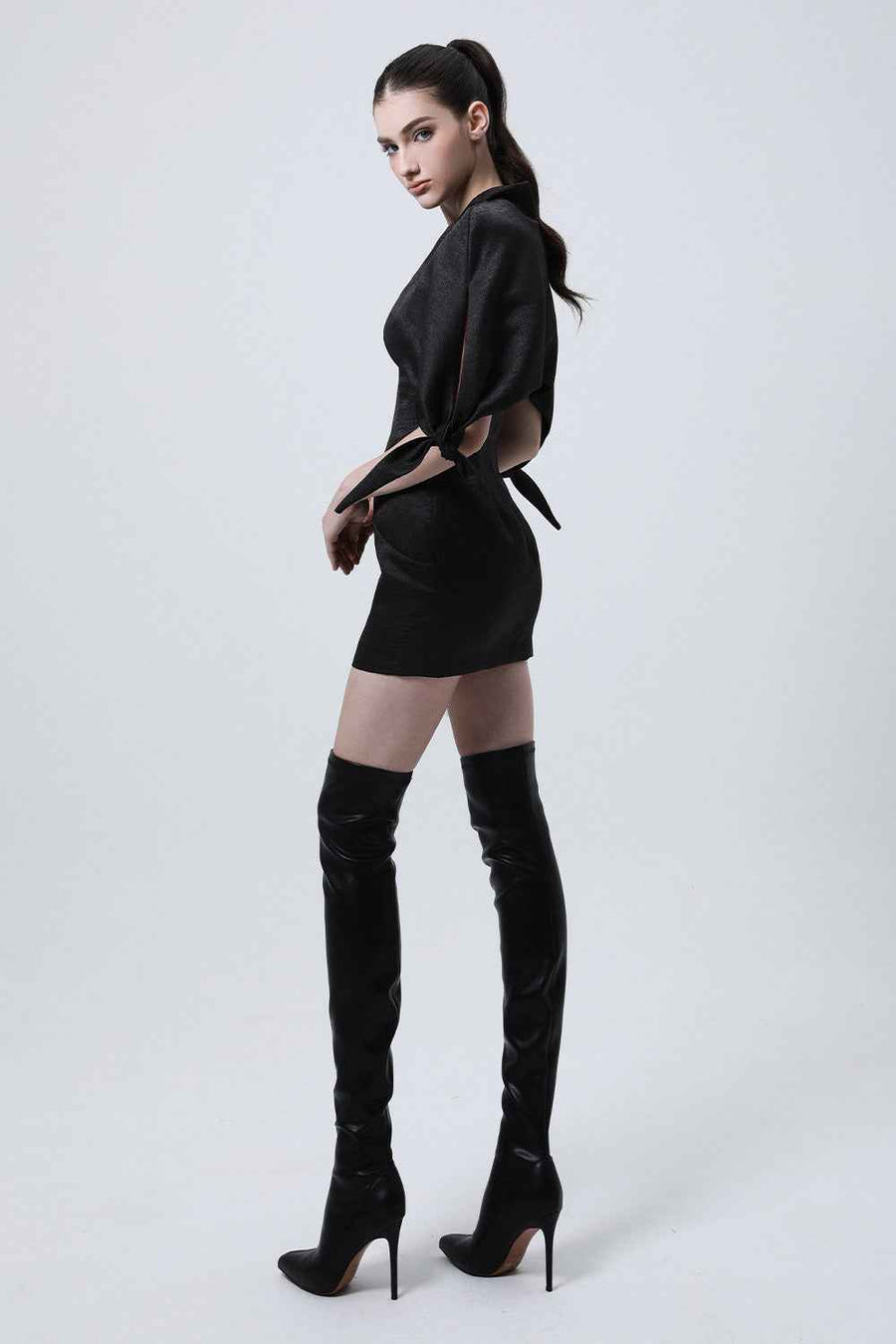 Caddie Hourglass Cape Shoulder Brocade Mini Dress