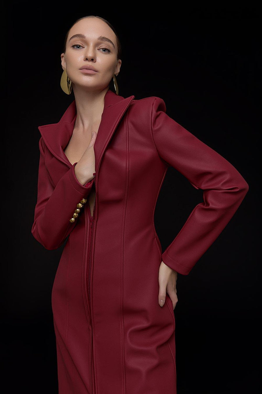 Ulster A-line Front Zipper Leather Midi Trench Coat 7