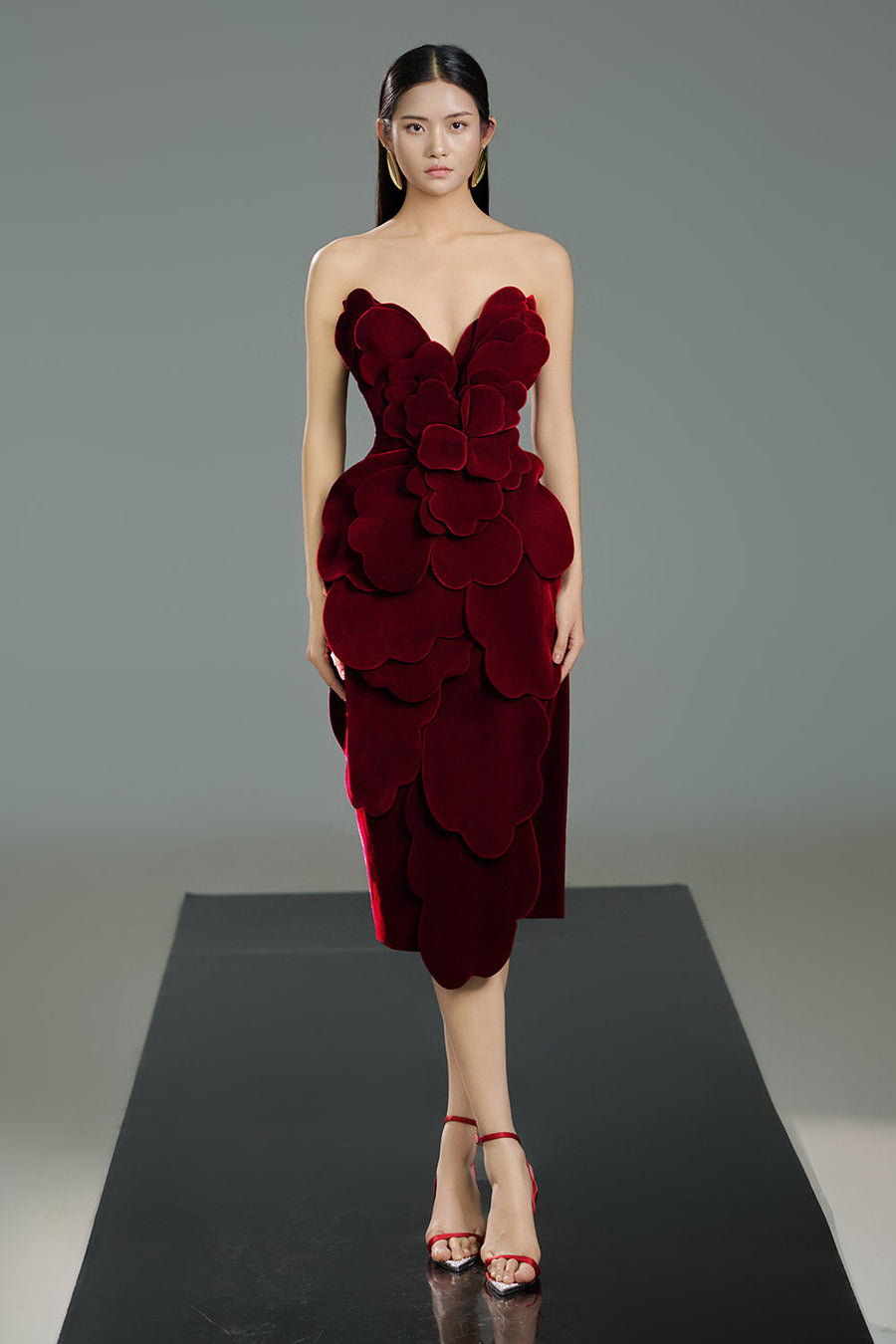 Velour Pegged Flower Applique Polyester Midi Dress 5