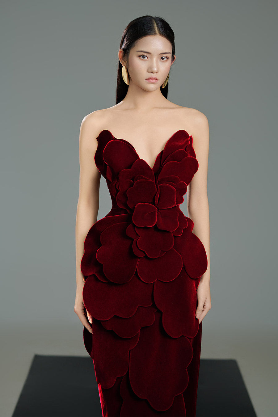 Velour Pegged Flower Applique Polyester Midi Dress 2