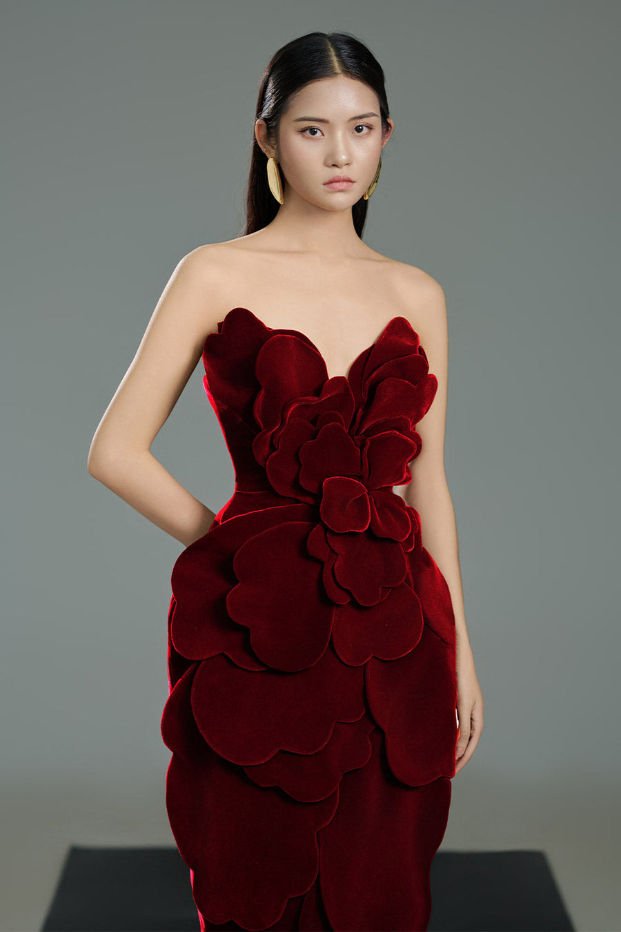 Velour Pegged Flower Applique Polyester Midi Dress 4