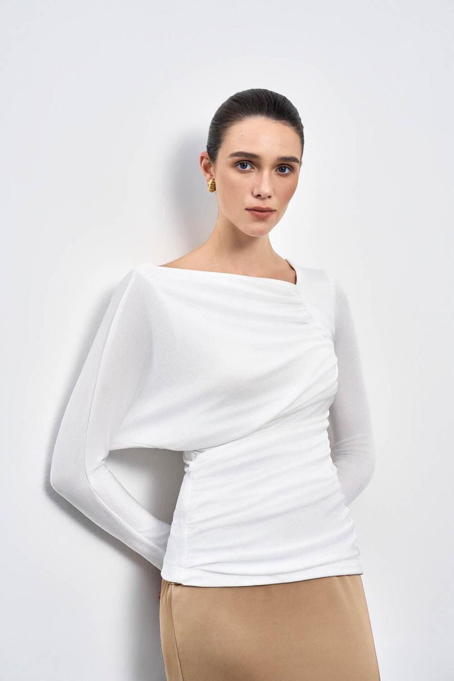 Daphne Gathered Asymmetric Neck Spandex Top White Long Sleeved Top Eegen Studio