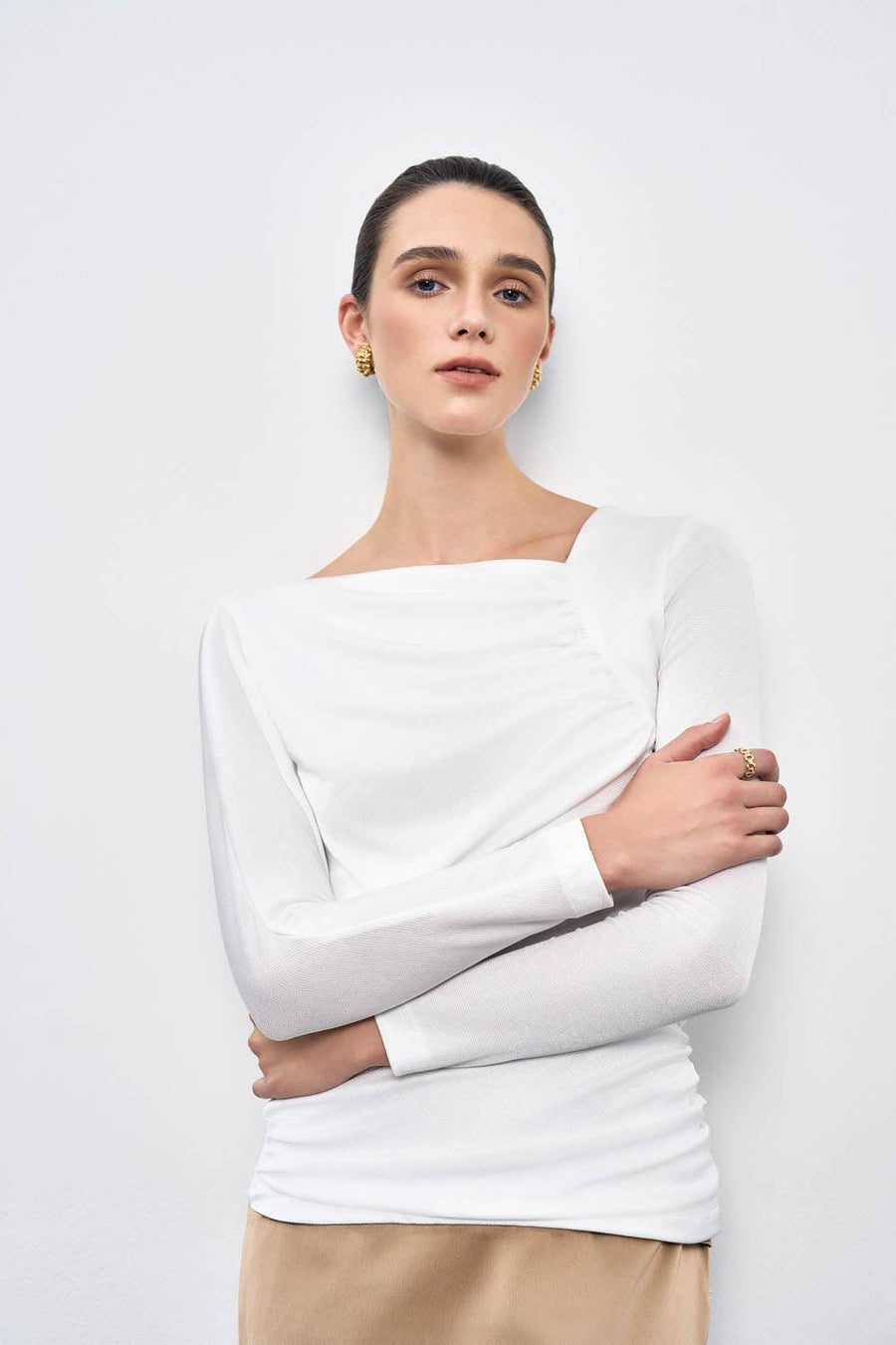 Daphne Gathered Asymmetric Neck Spandex Top Long Sleeved Top Eegen Studio
