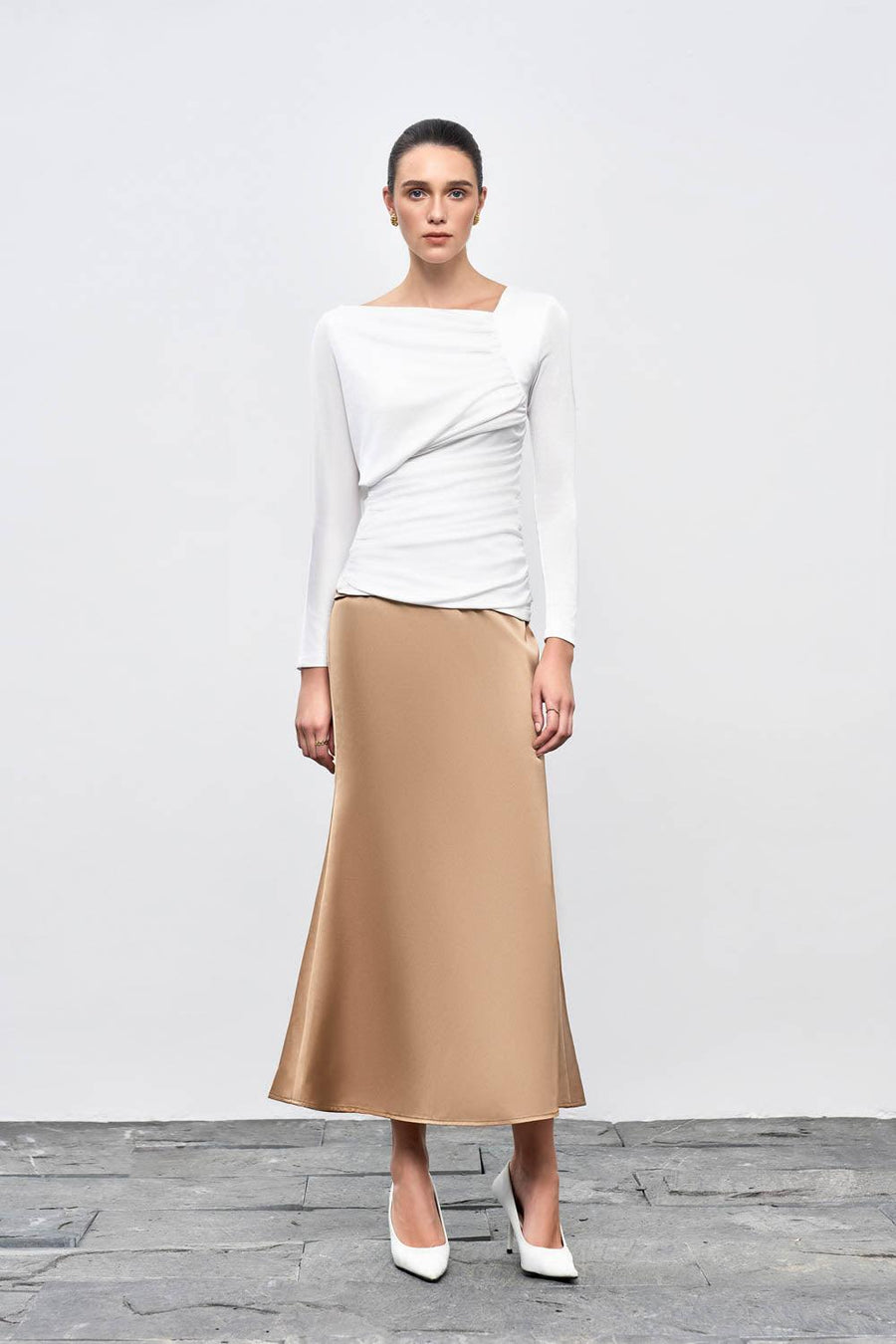 Daphne Gathered Asymmetric Neck Spandex Top Long Sleeved Top Eegen Studio
