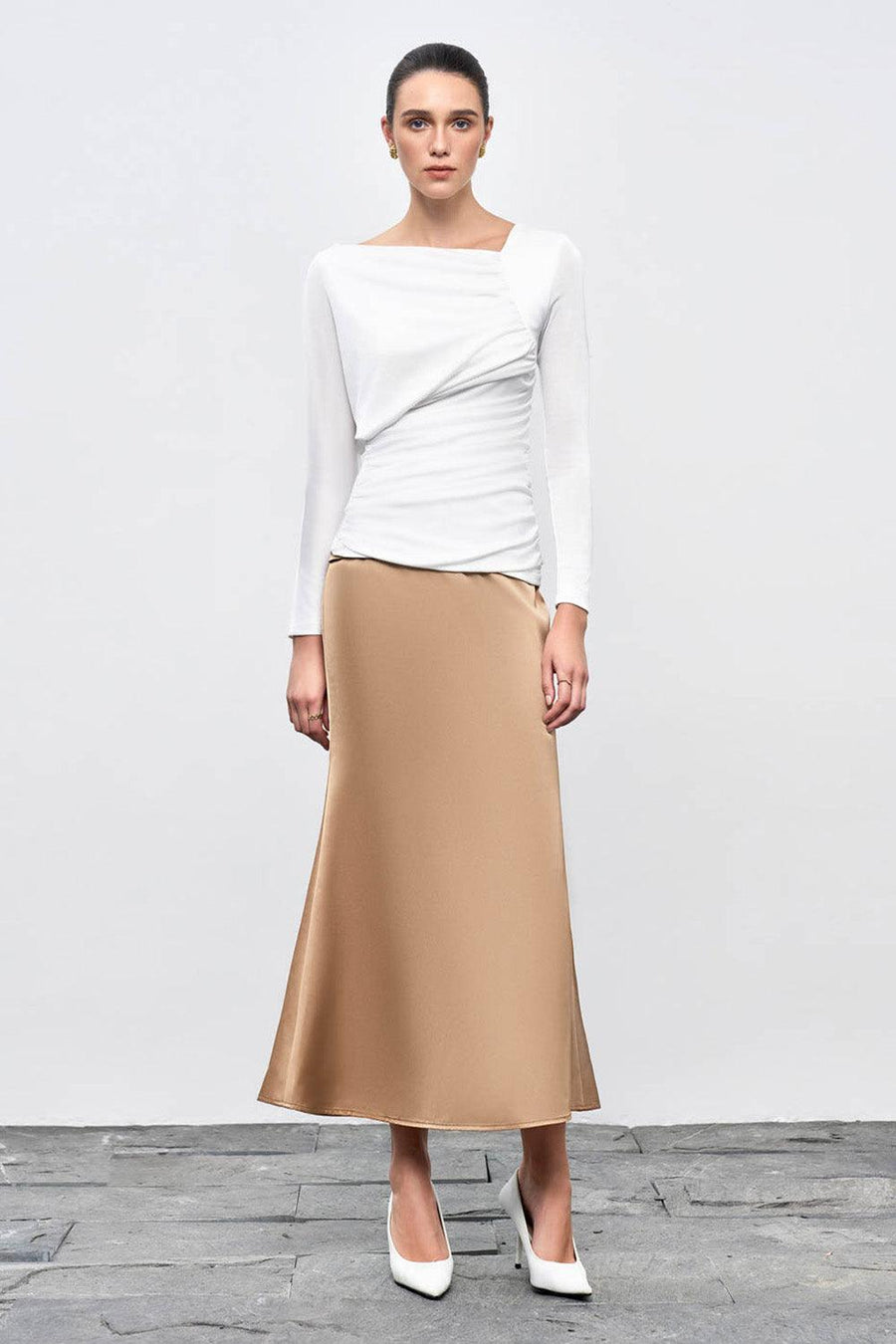 Daphne Gathered Asymmetric Neck Spandex Top Long Sleeved Top Eegen Studio
