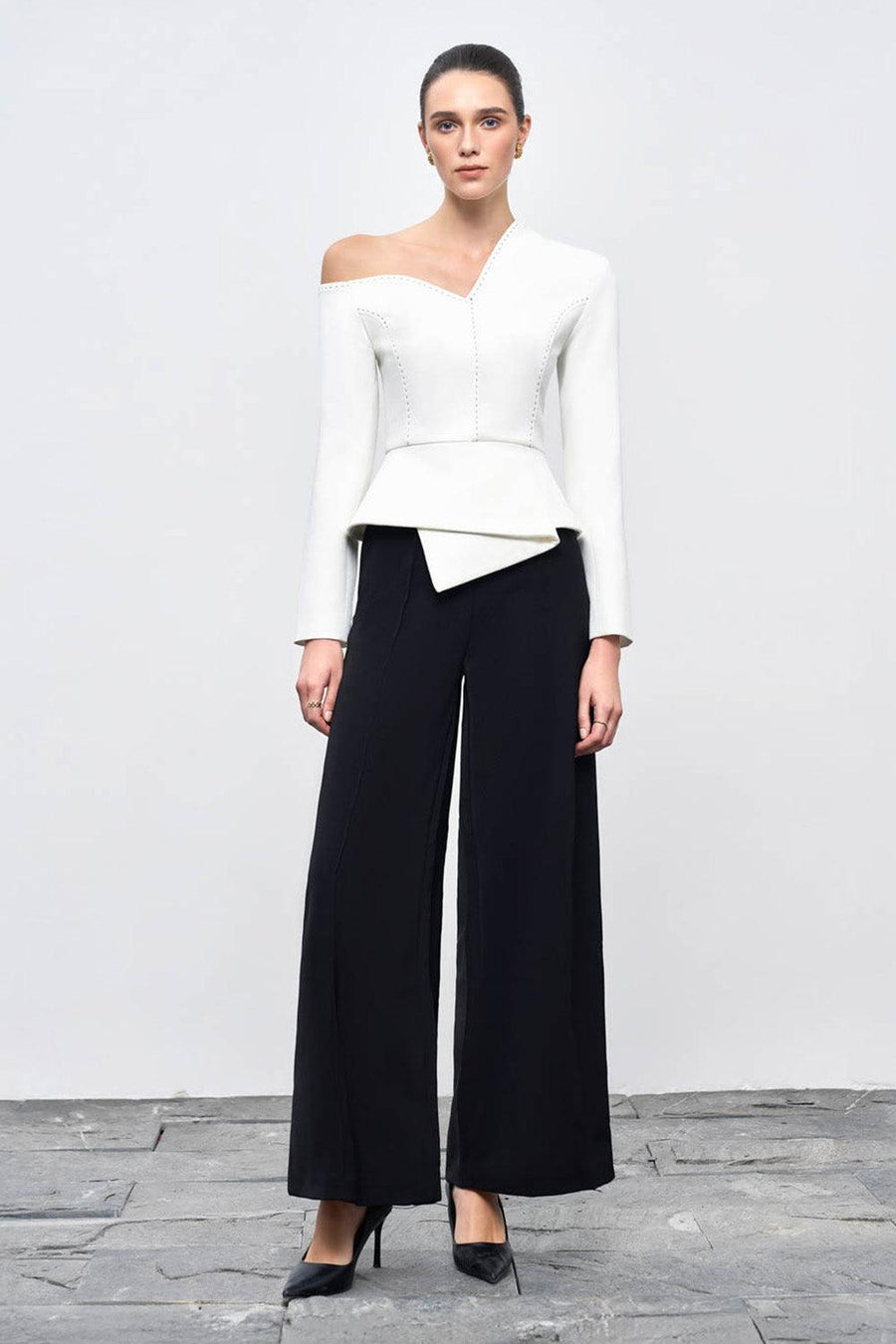 Chloe Peplum Asymmetric Sleeved Crepe Top Long Sleeved Top Eegen Studio