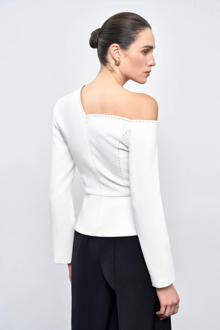 Chloe Peplum Asymmetric Sleeved Crepe Top Long Sleeved Top Eegen Studio