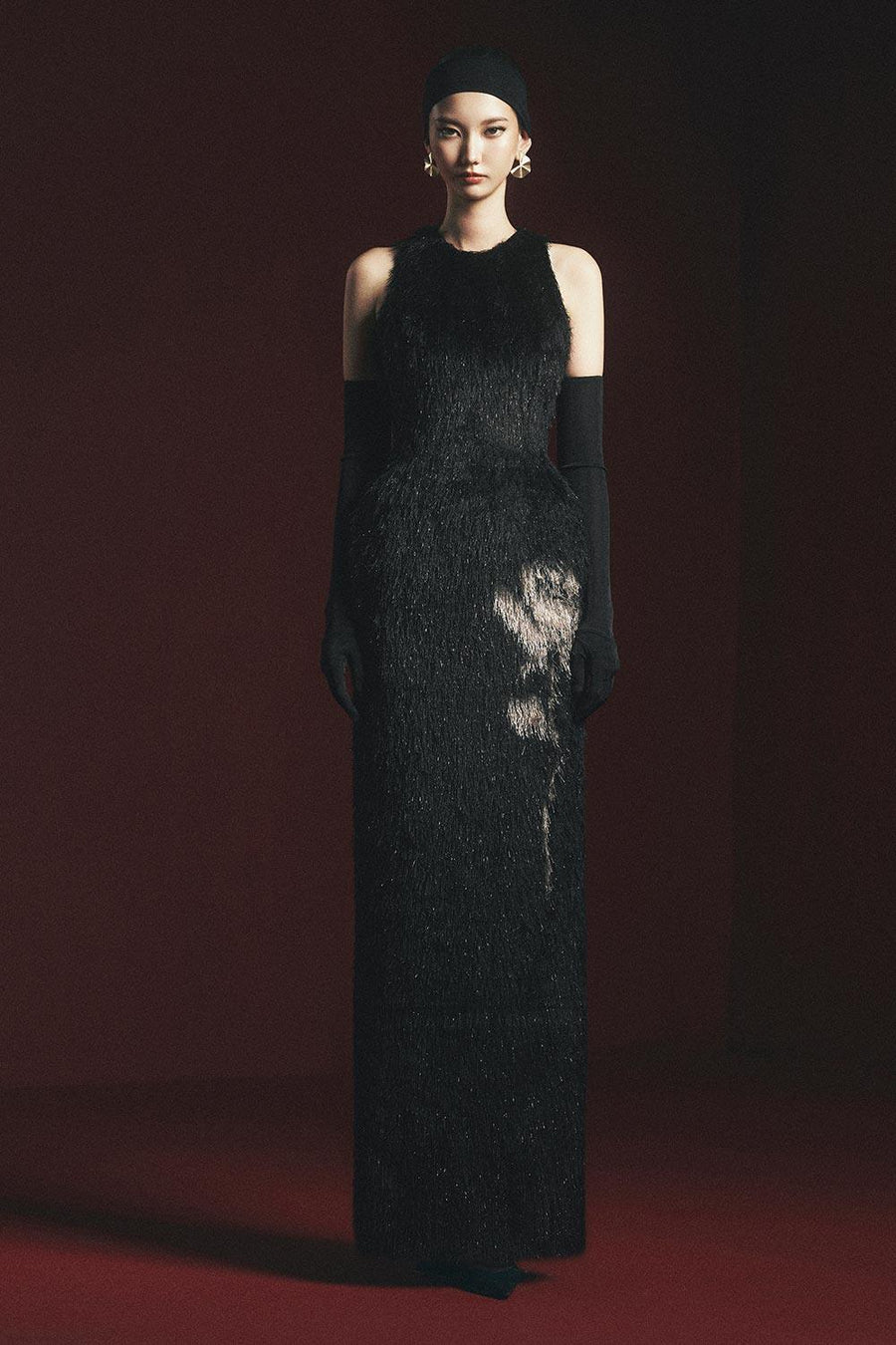 Macias Sheath Back Slit Faux Fur Floor Length Dress 1