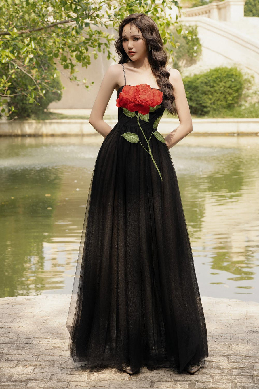 Red Love A-line Spaghetti Strap Mesh Floor Length Dress 1