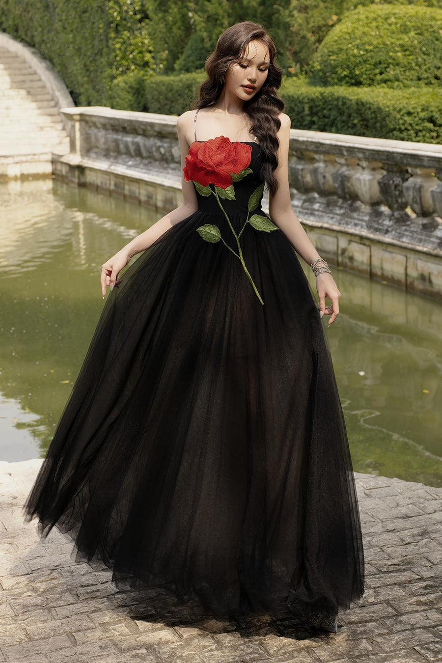 Red Love A-line Spaghetti Strap Mesh Floor Length Dress 4