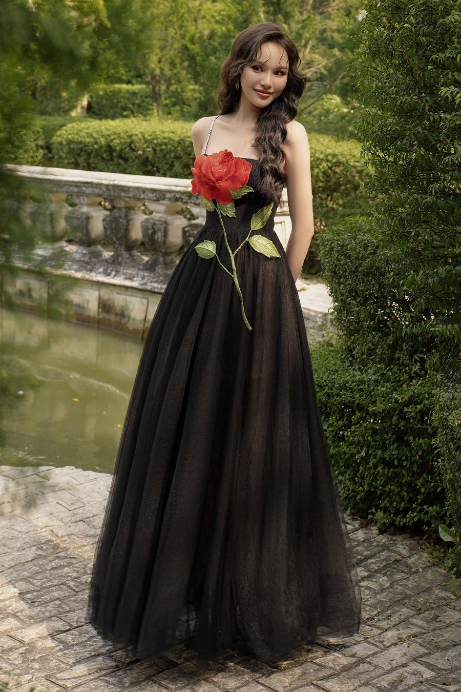 Red Love A-line Spaghetti Strap Mesh Floor Length Dress 5