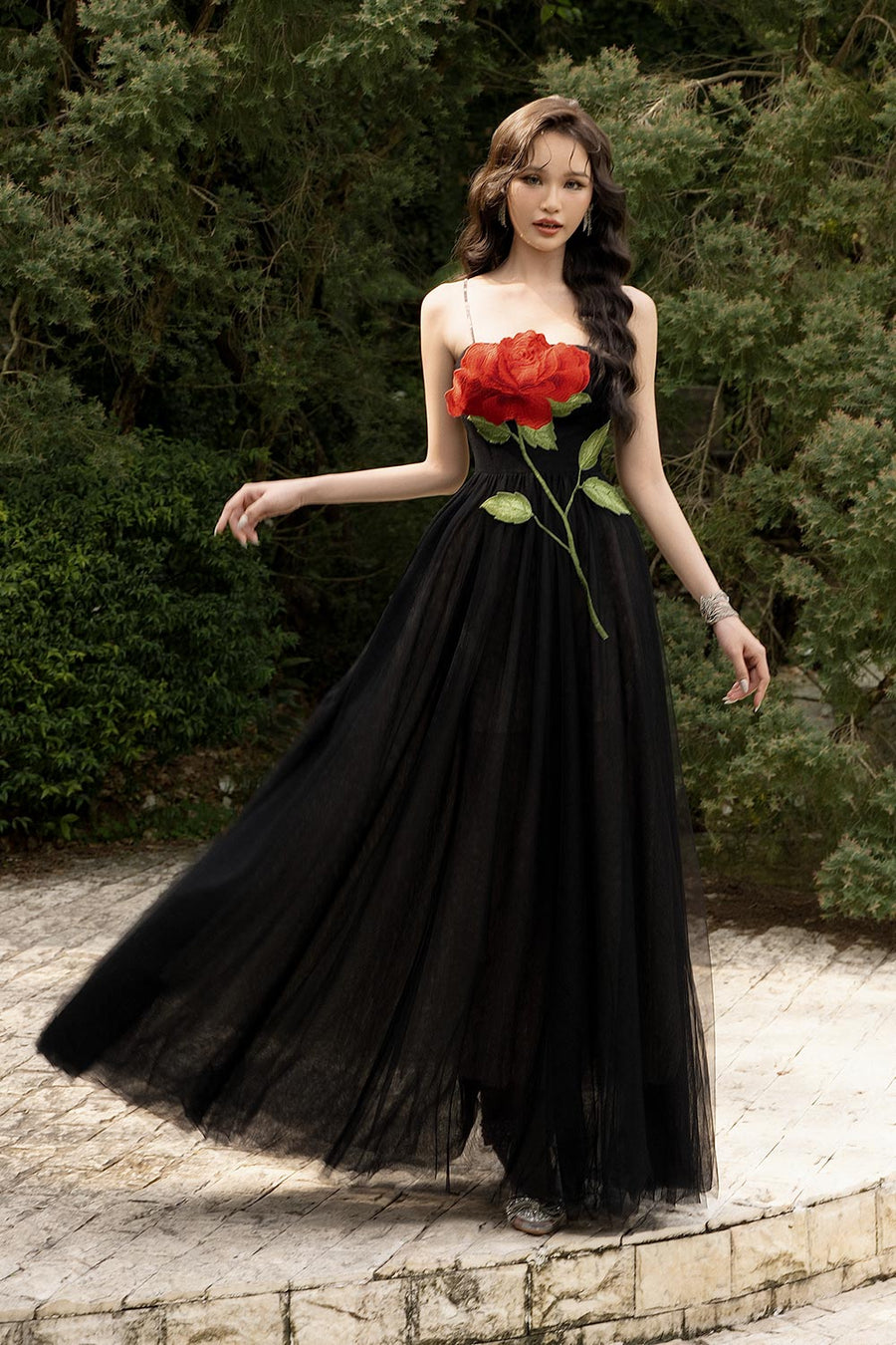 Red Love A-line Spaghetti Strap Mesh Floor Length Dress 6