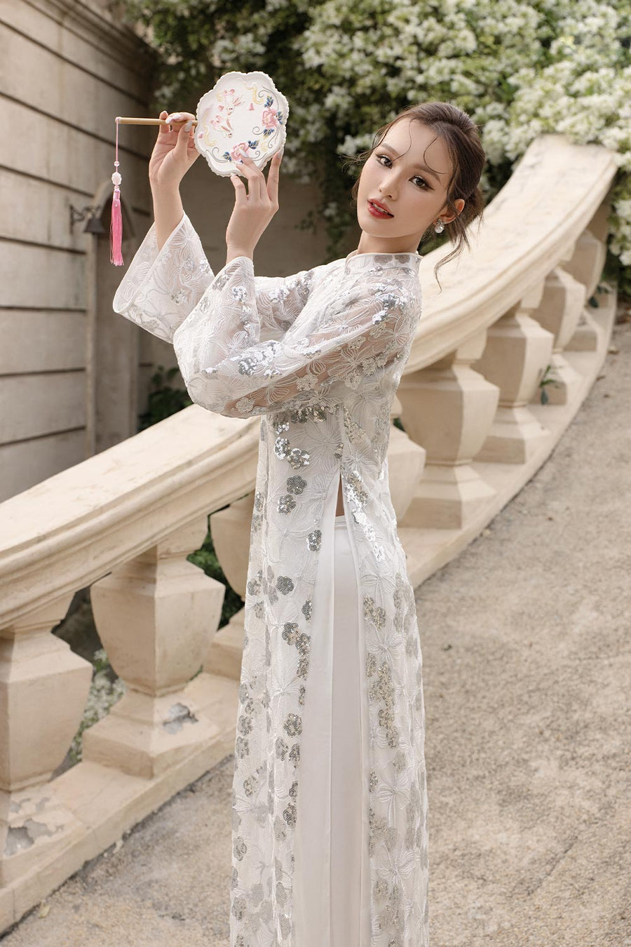 Suong Mai Straight Mandarin Neck Sequin Floor Length Ao Dai Set 5