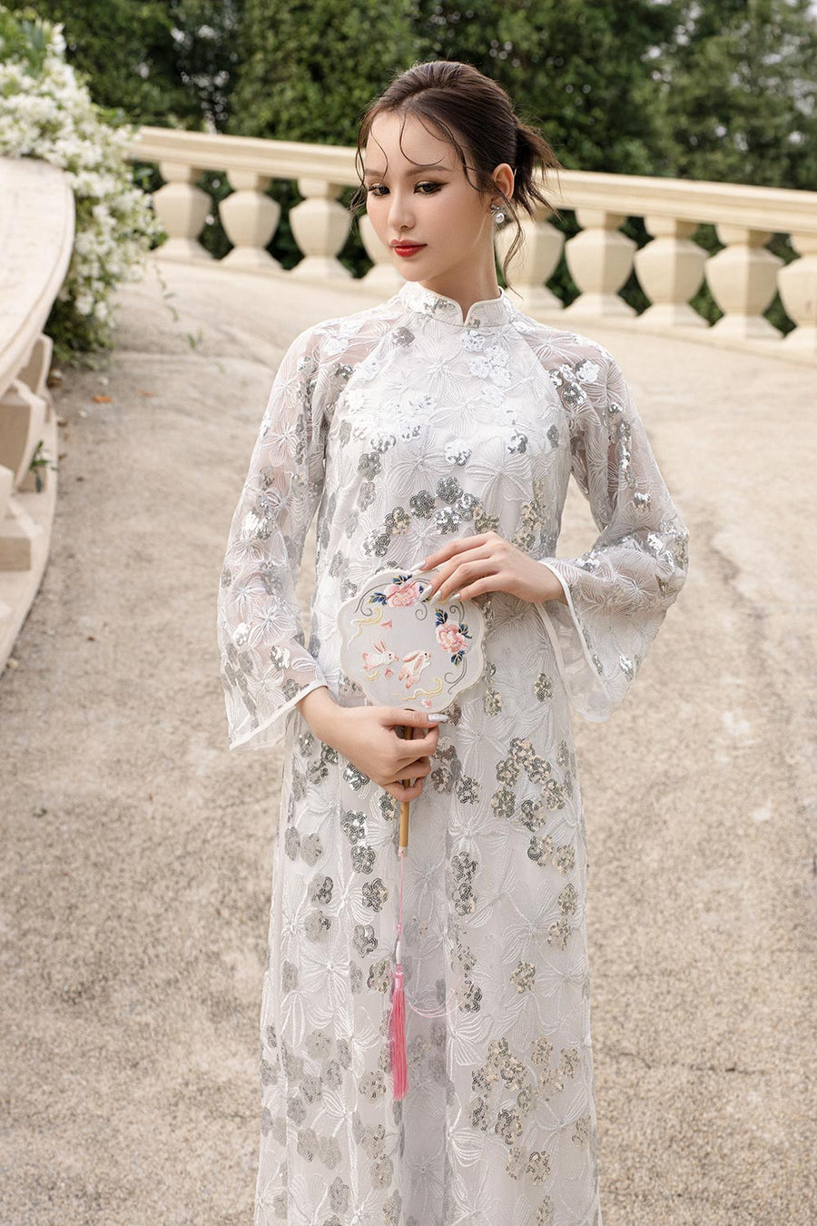 Suong Mai Straight Mandarin Neck Sequin Floor Length Ao Dai Set 2
