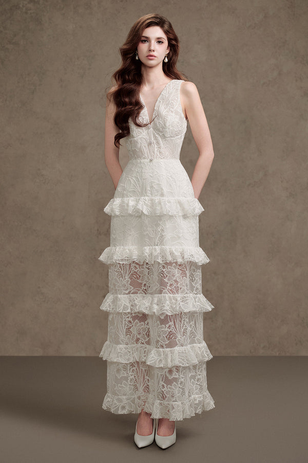 Sandy Sheath Ruffle Layer Lace Maxi Dress 1