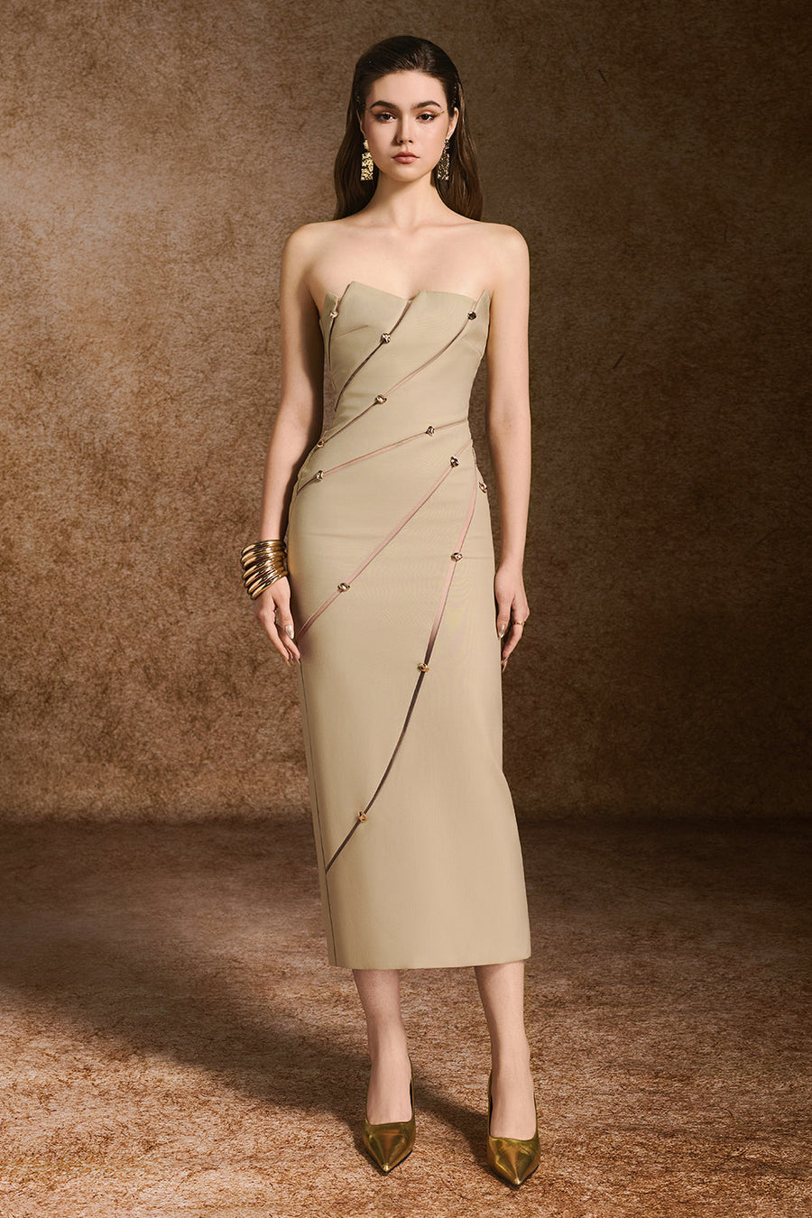 Tranquil Sheath Sleeveless Khaki Calf Length Dress 6