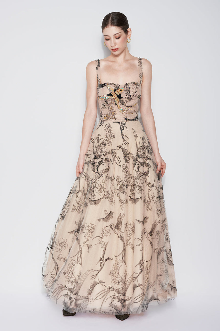 Timeless Crane A-line Semi-Heart Neck Tulle Maxi Dress Maxi Dress CHYMEOCHY