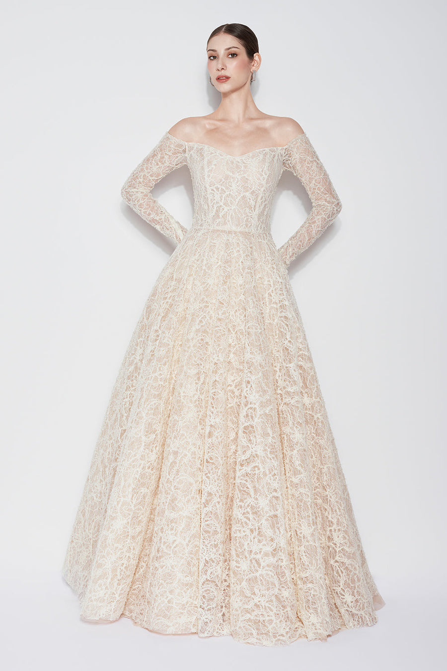 Ethereal Blossom Ball Gown Long Sleeved Lace Floor Length Dress Gown Dress CHYMEOCHY