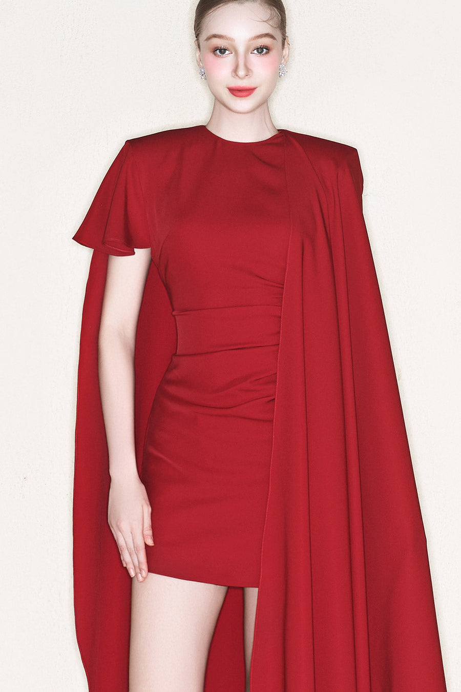 Lynch Cape Asymmetric Crepe Mini Dress Red Mini Dress CEM
