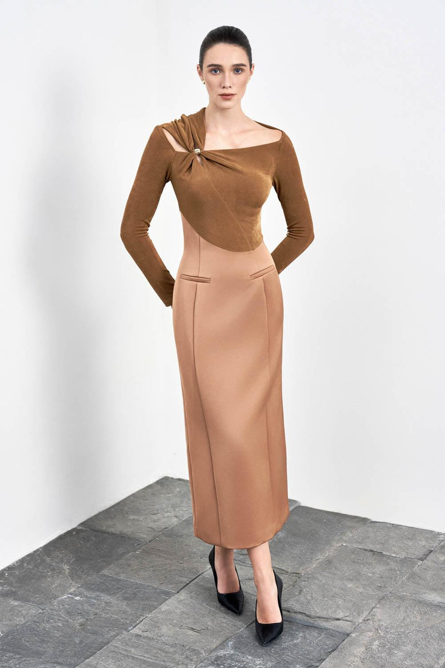 Eleanor Sheath Asymmetric Neck Taffeta Midi Dress Midi Dress Eegen Studio