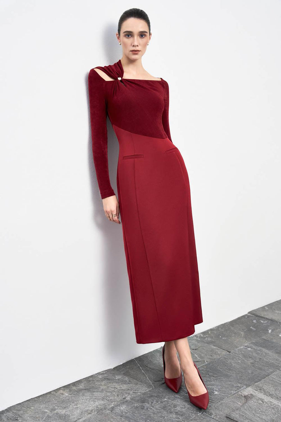 Eleanor Sheath Asymmetric Neck Taffeta Midi Dress Midi Dress Eegen Studio