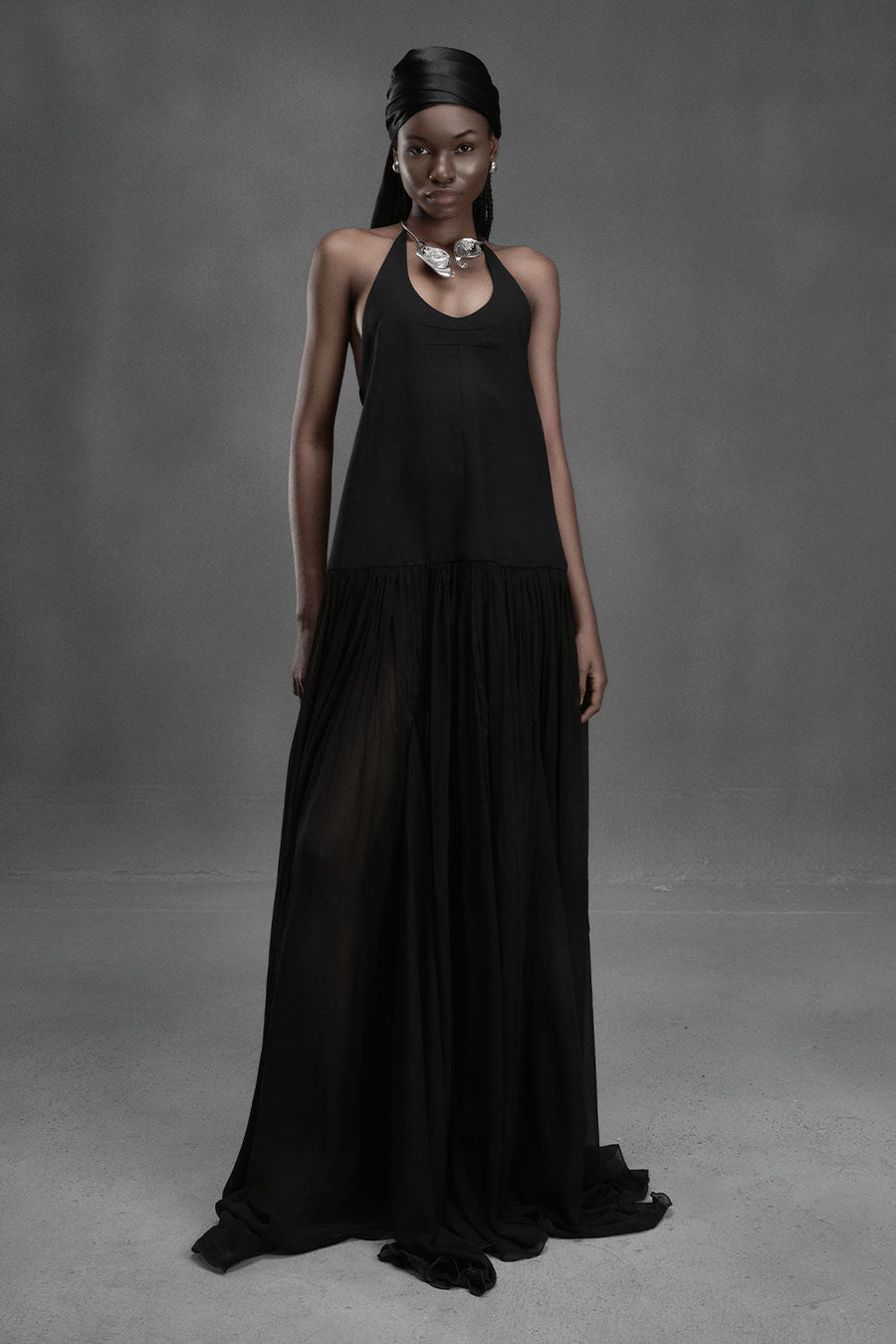 Plaice Drop Waist Scoop Neck Silk Chiffon Floor Length Dress Black Maxi Dress DAS LA VIE
