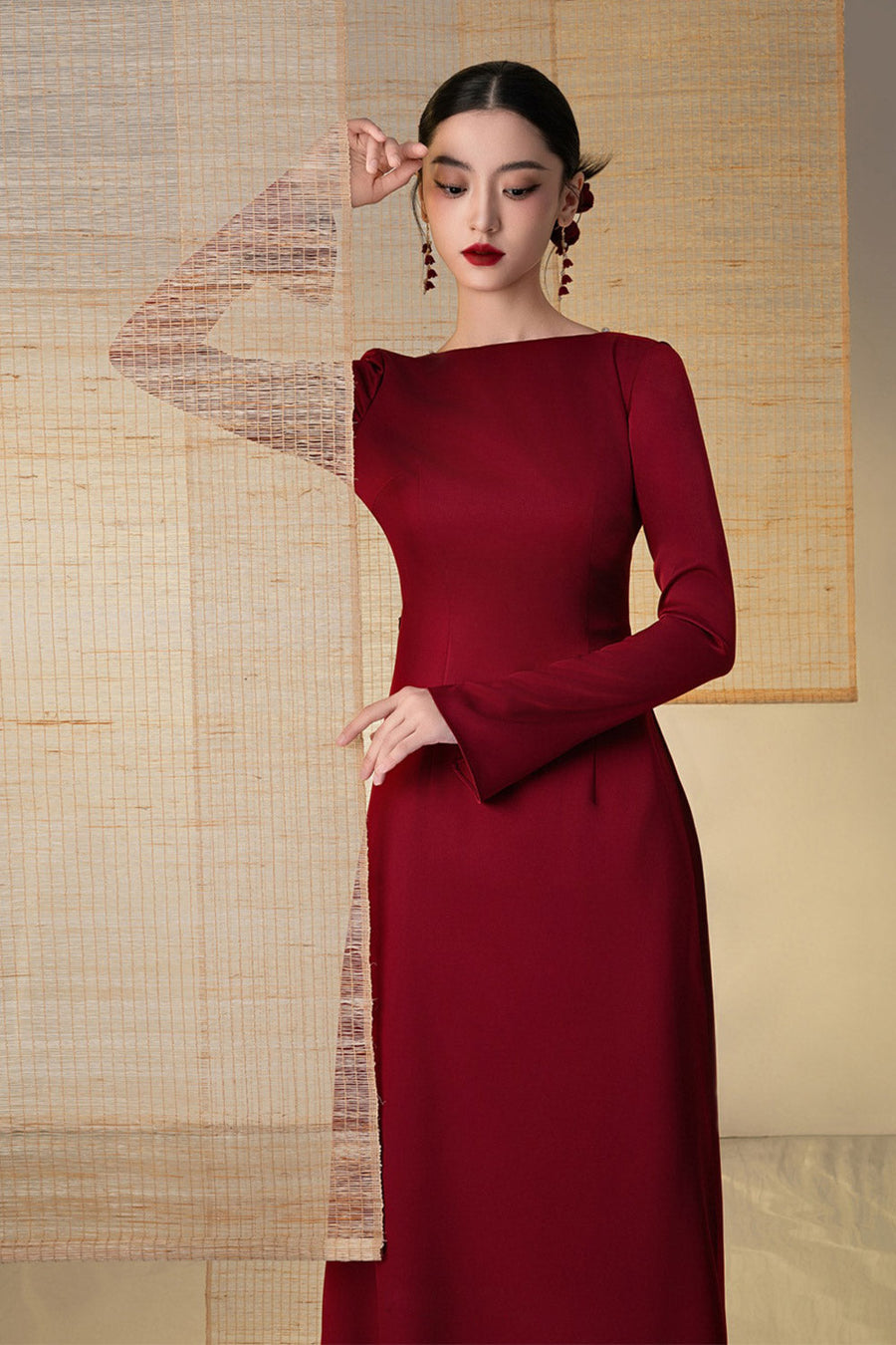 Thanh Sac A-line Boat Neck Twill Silk Floor Length Ao Dai Set Burgundy Ao Dai Set Delicate