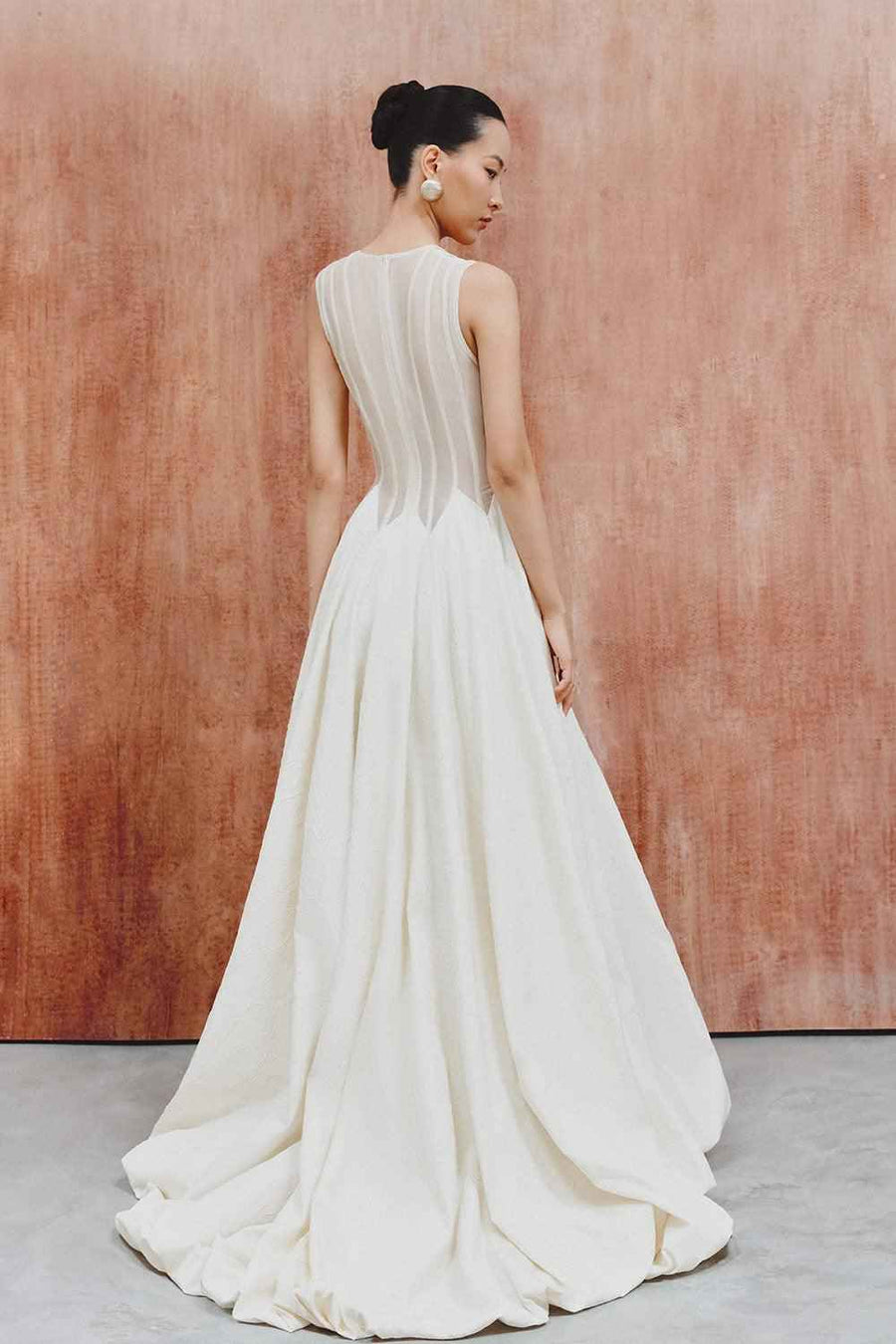 Reyna Gored Sleeveless Foam Organza Floor Length Dress