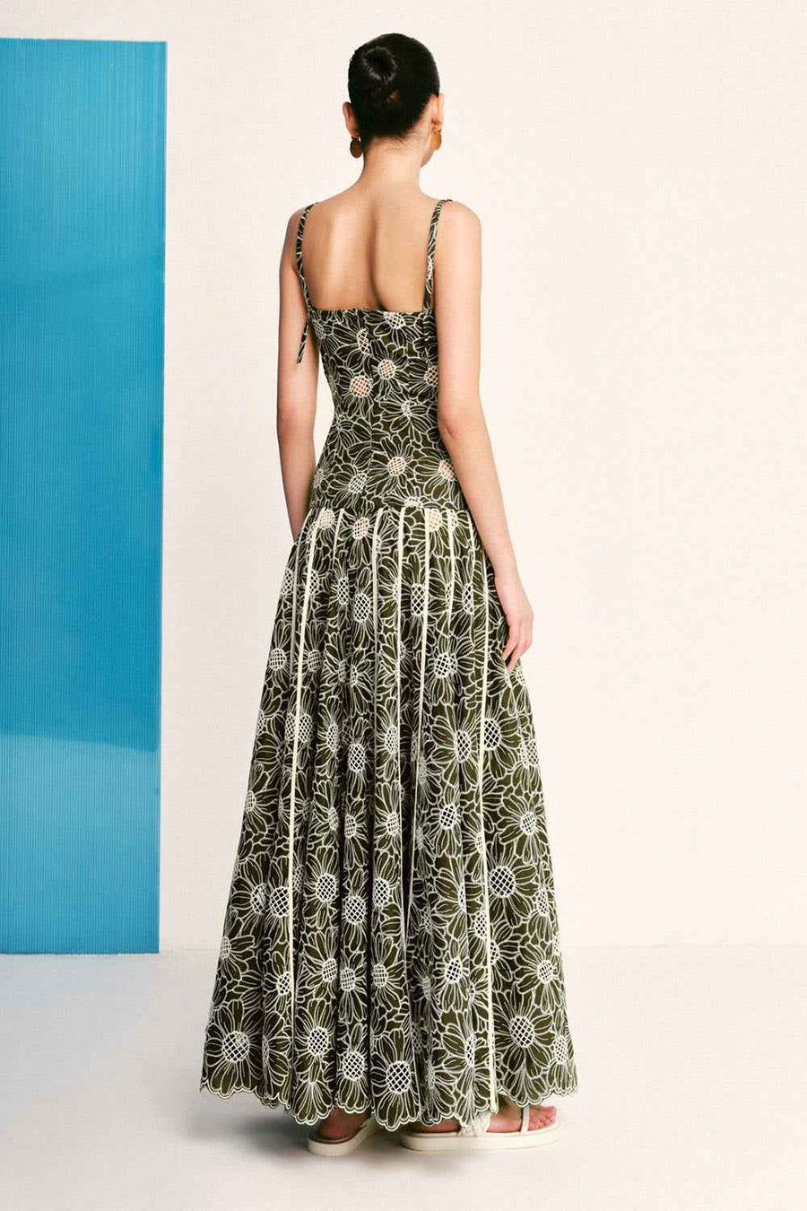 Sunflower Drop Waist Square Neck Embroidered Cotton Maxi Dress