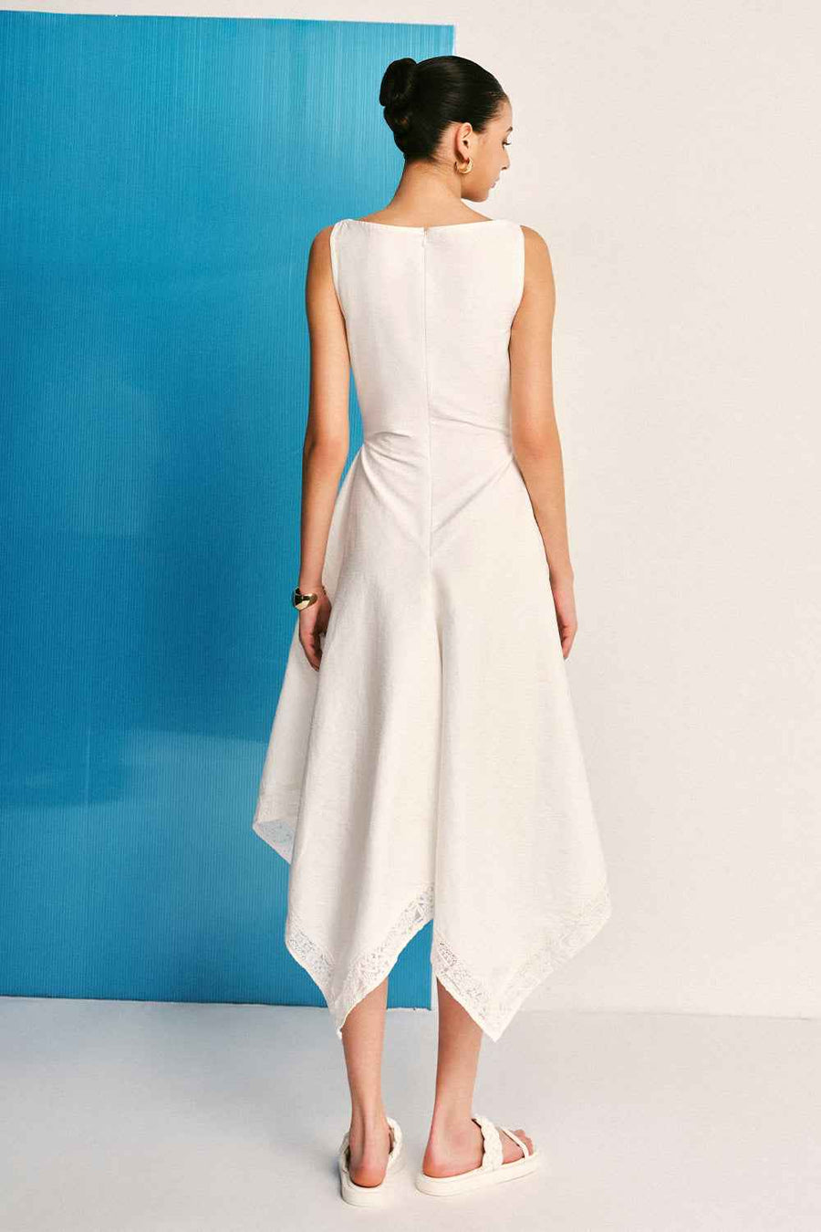 Maeve A-line Plunge Neck Woven Cotton Midi Dress