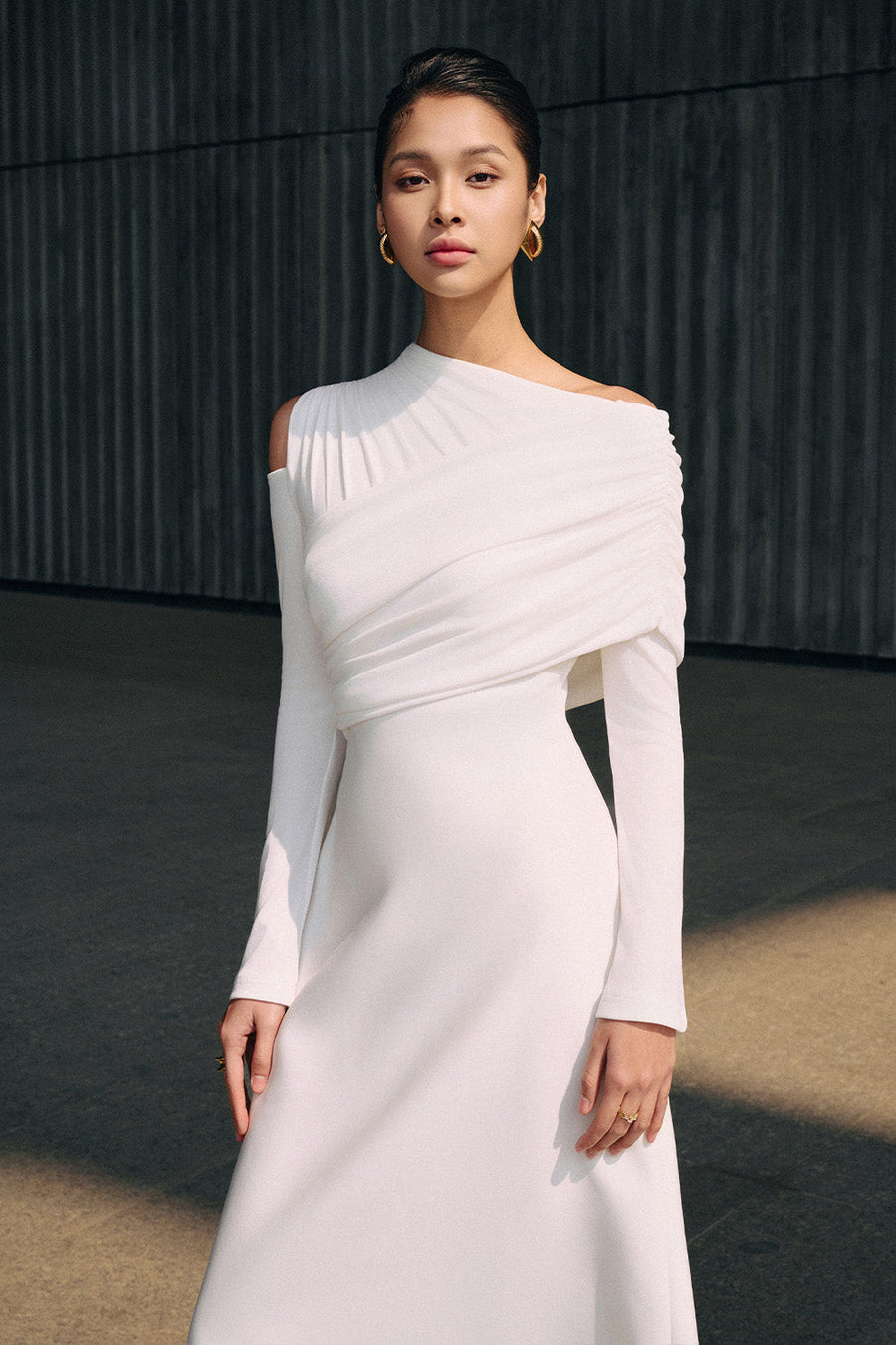 Luminous A-line Asymmetric Shoulder Jersey Maxi Dress 14