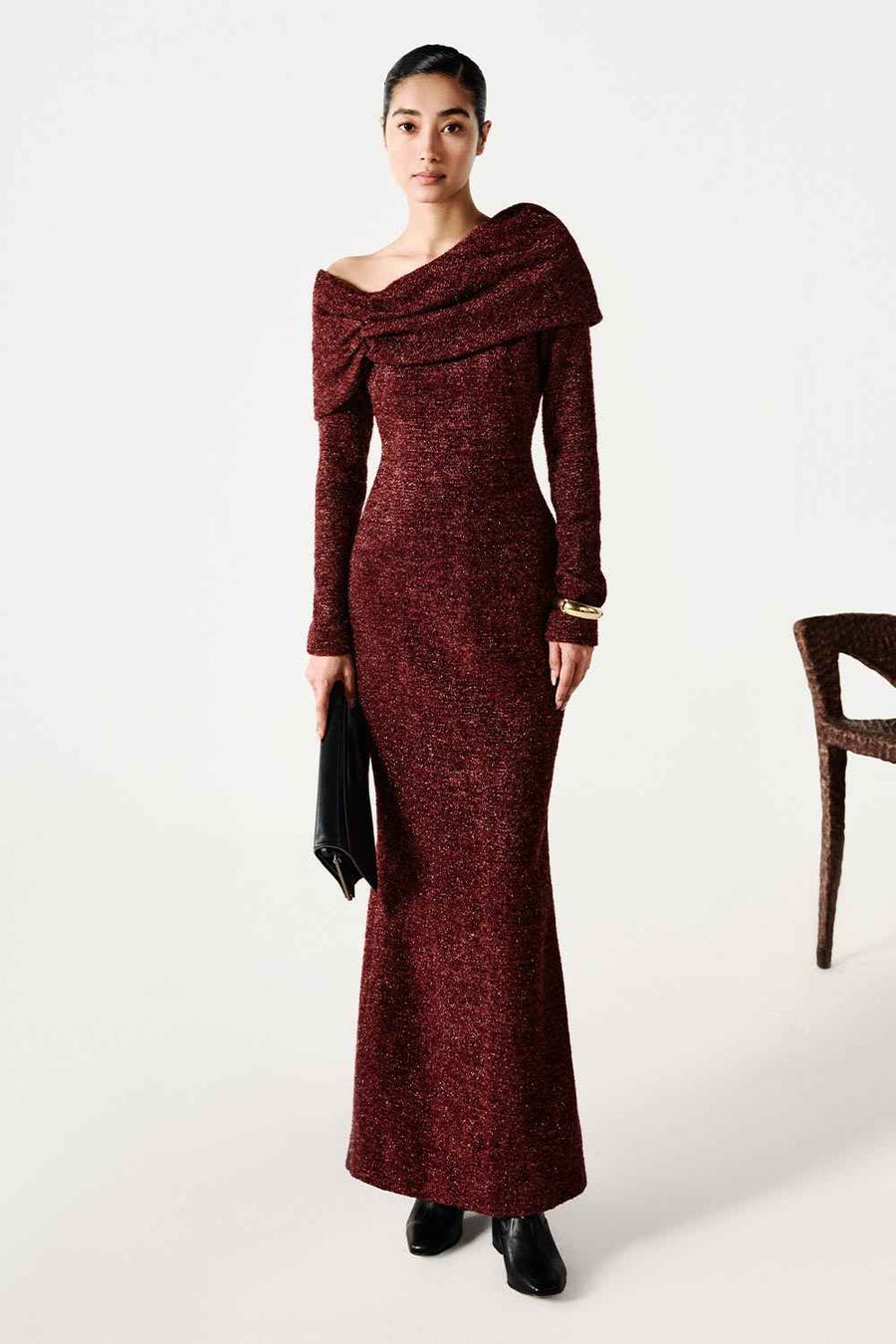 Wilcoxie Trumpet Asymmetric Neck Tweed Maxi Dress Maxi Dress Lecia RTW
