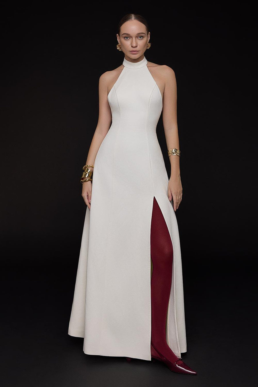 Snowyy Slit Halter Neck Cotton Floor Length Dress 5