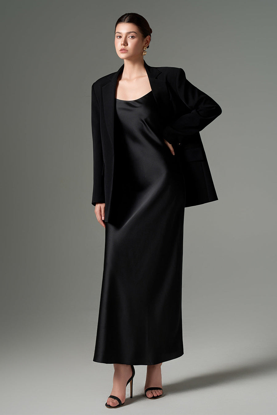 Zehra Slip Scoop Neck Silk Satin Ankle Length Dress Black Maxi Dress 21Six
