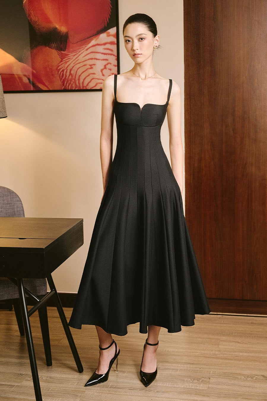 Alora A-line Draped Sandy Crepe Midi Dress Midi Dress Larmes