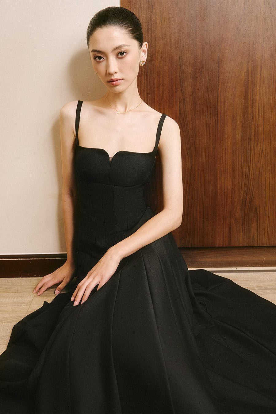 Alora A-line Draped Sandy Crepe Midi Dress Black Midi Dress Larmes