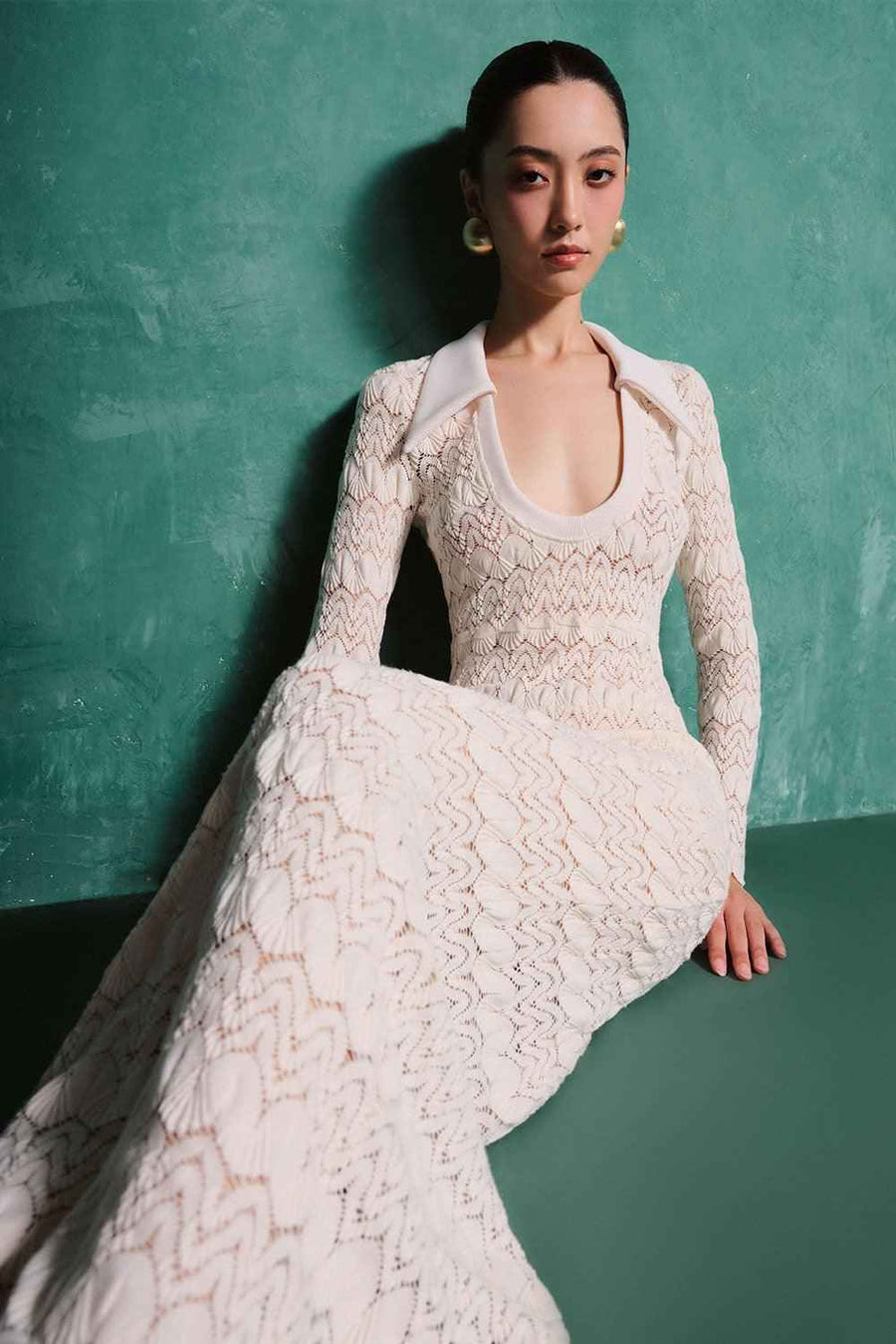 Annabella Sheath Scoop Neck Cotton Lace Floor Length Dress