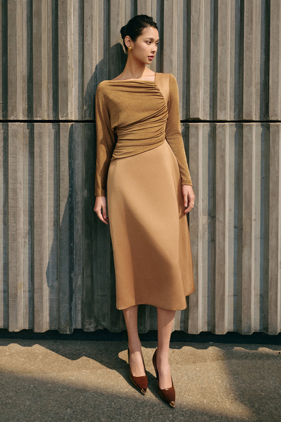 Bright A-line Diagonal Neck Spandex Taffeta Calf Length Dress 5