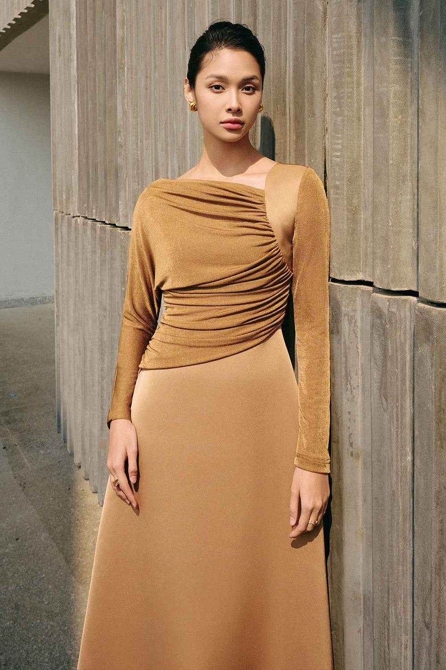Bright A-line Diagonal Neck Spandex Taffeta Calf Length Dress