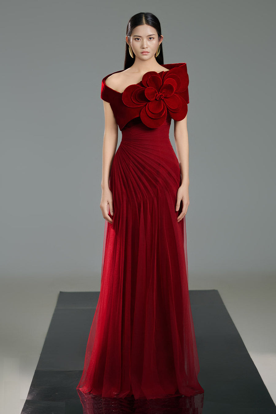 Lester A-line Side Pleated Polyester Floor Length Dress 16