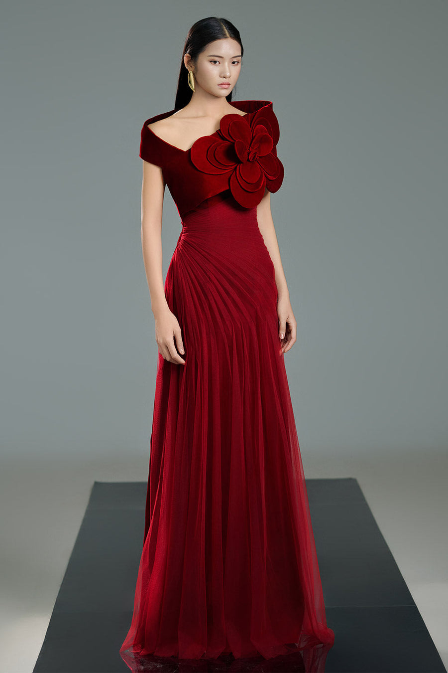 Lester A-line Side Pleated Polyester Floor Length Dress 15