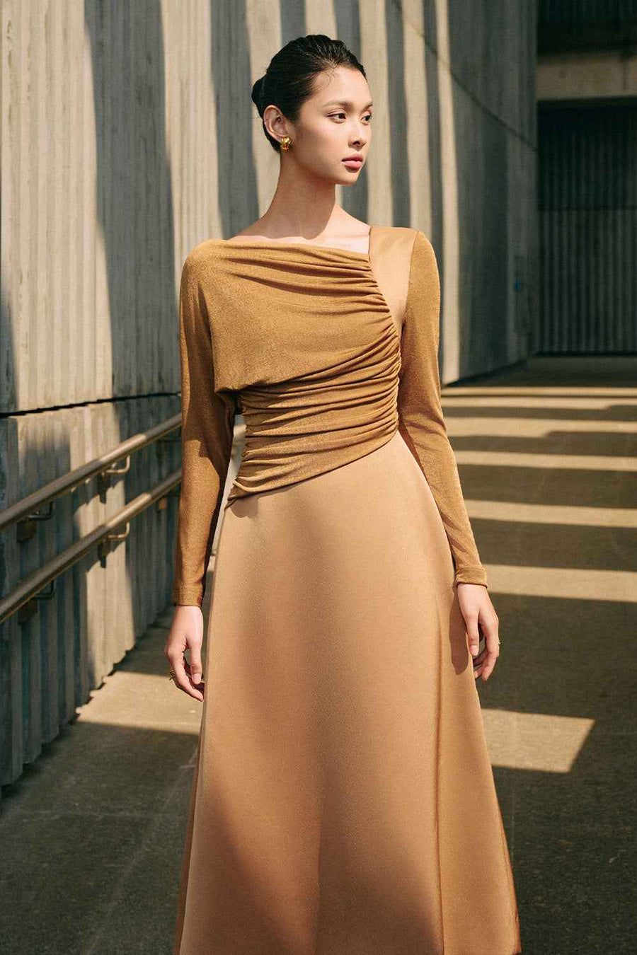 Bright A-line Diagonal Neck Spandex Taffeta Calf Length Dress