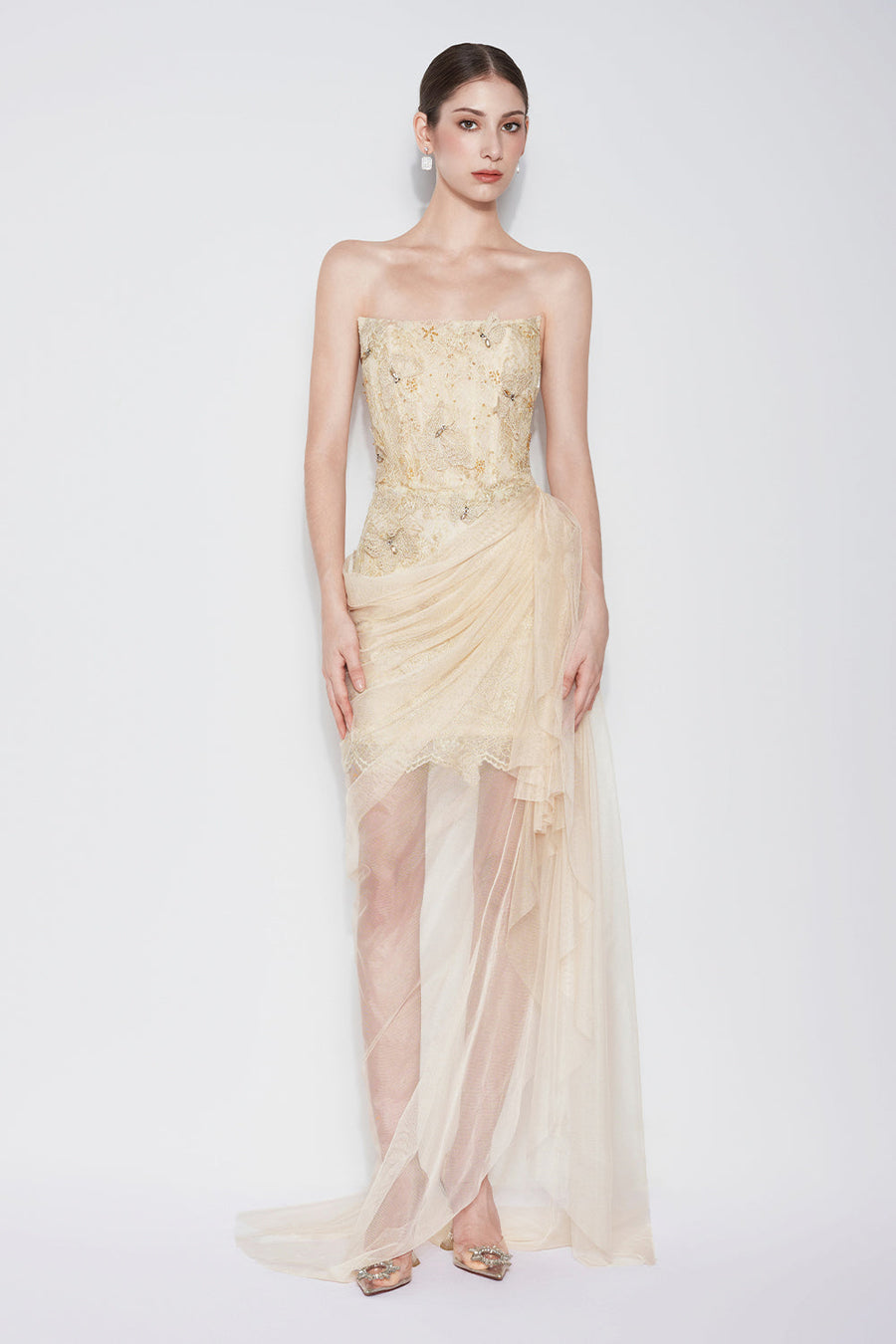 Butterfly Reverie Sarong Semi-Heart Neck Lace Floor Length Dress Maxi Dress CHYMEOCHY