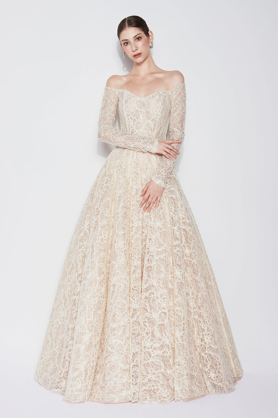 Ethereal Blossom Ball Gown Long Sleeved Lace Floor Length Dress Gown Dress CHYMEOCHY