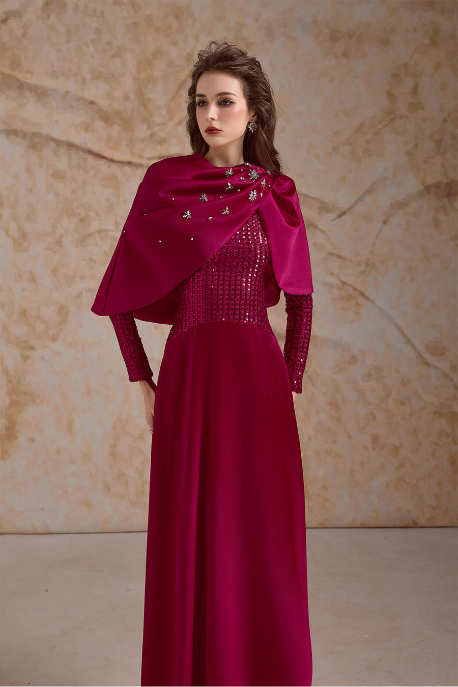 Fleuris A-line Long Sleeved Satin Floor Length Dress Maxi Dress Calista de Minh Thanh