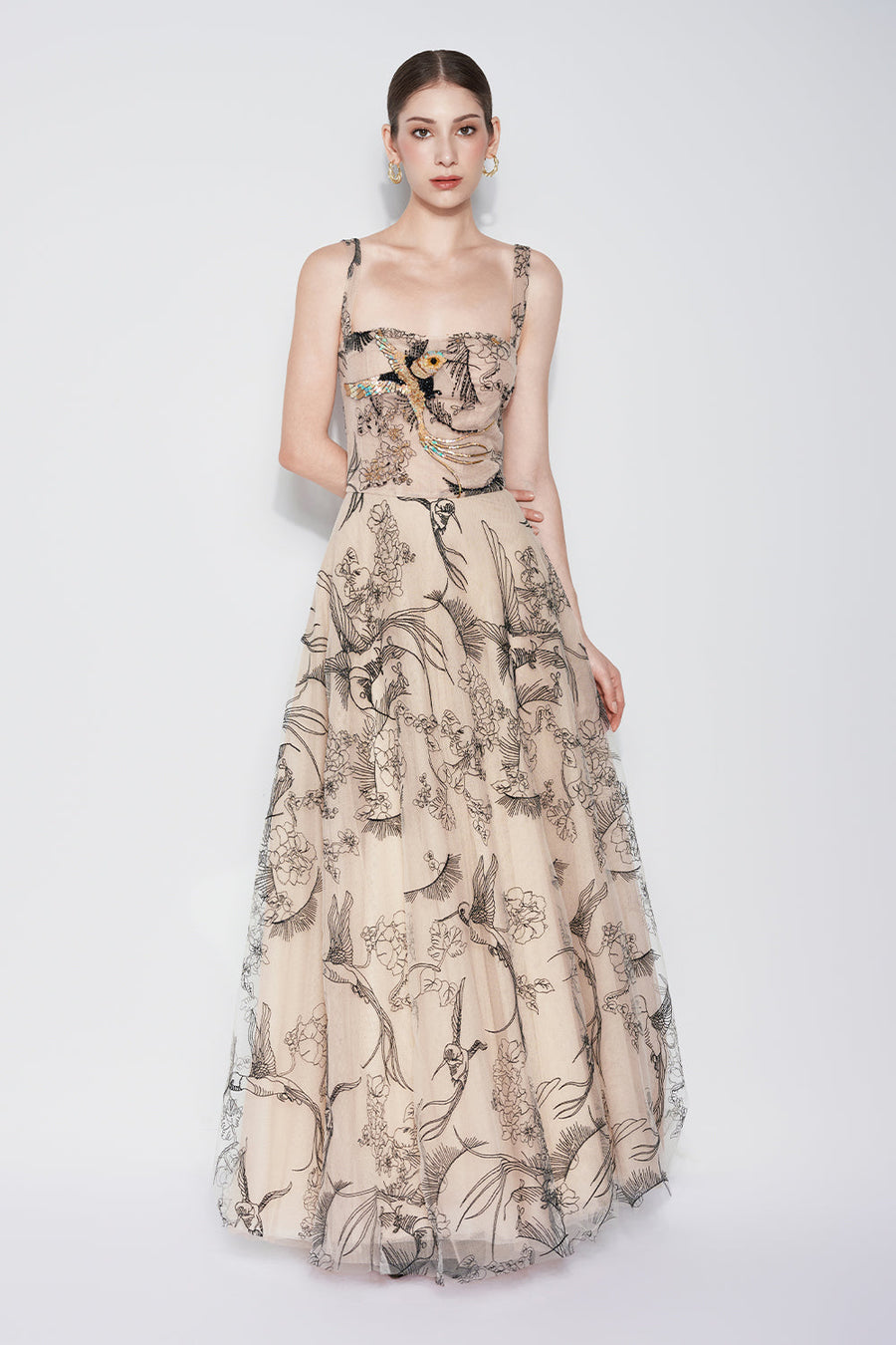 Timeless Crane A-line Semi-Heart Neck Tulle Maxi Dress Maxi Dress CHYMEOCHY