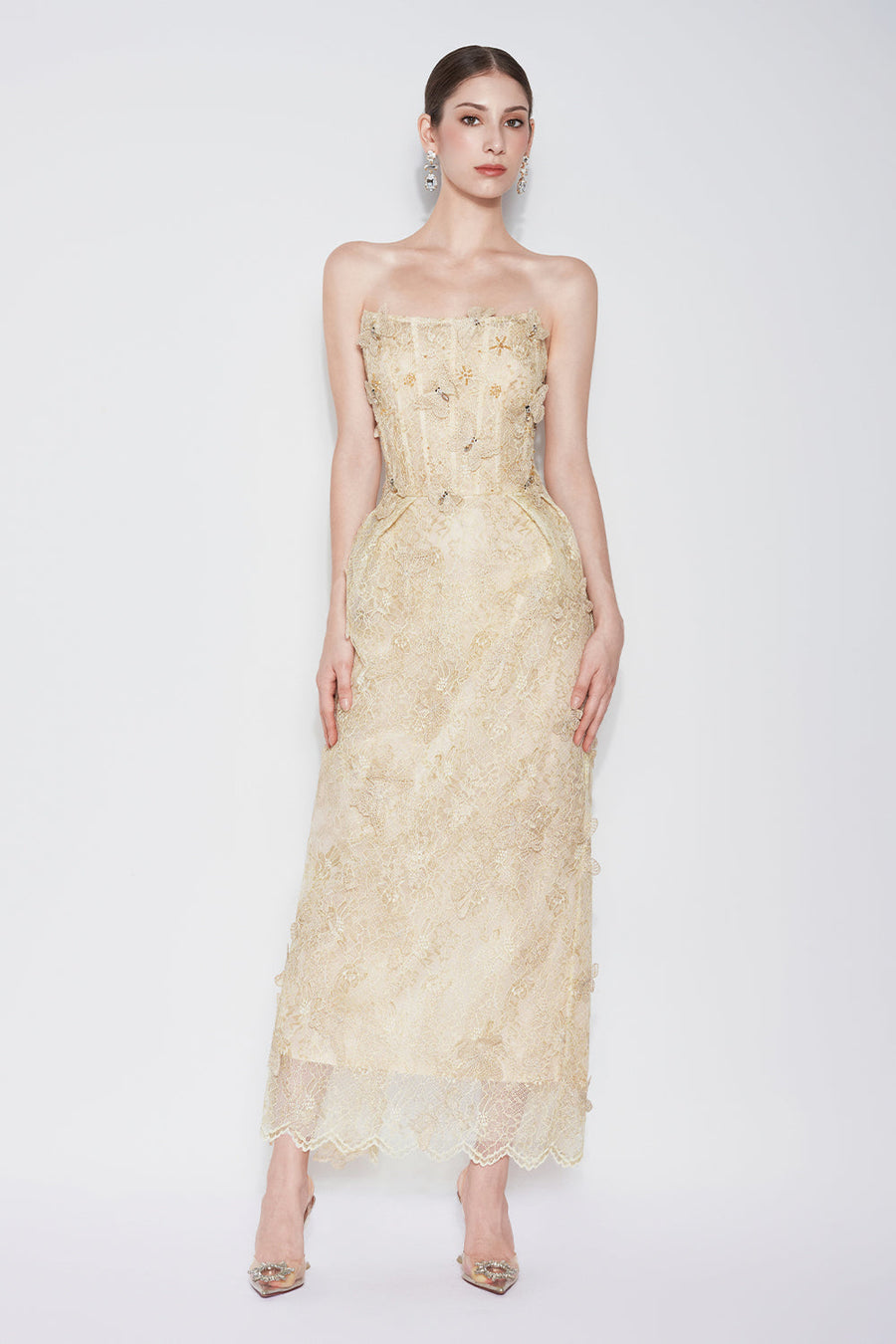 Butterfly Reverie Strapless Embroidered Lace Maxi Dress Maxi Dress CHYMEOCHY