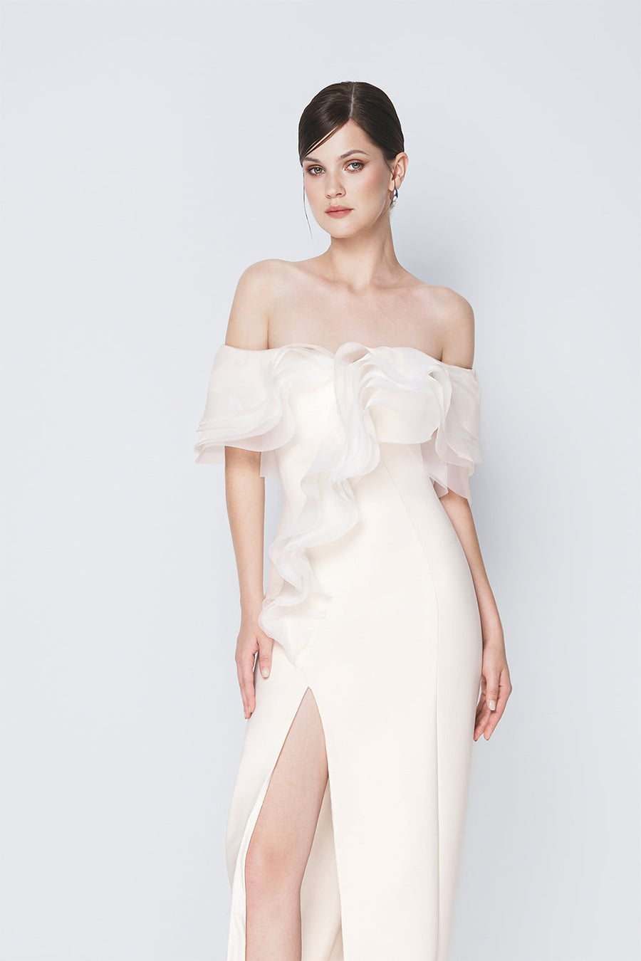 Camellia Slit Off-Shoulder Cotton Floor Length Dress Gown Dress CHYMEOCHY